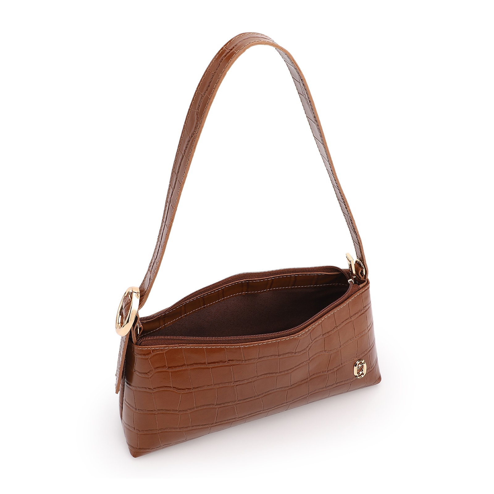 Bolsa De Ombro Pequena Couro Croco Marrom Claro Alça Fivela Lateral