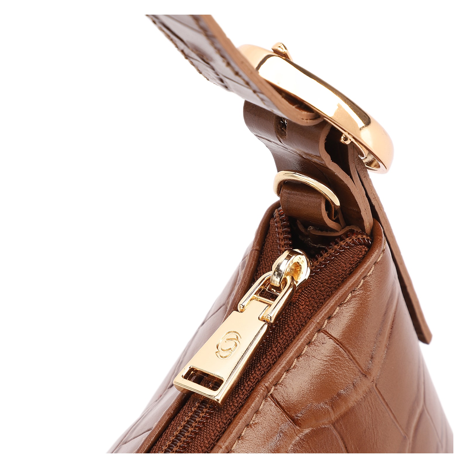 Bolsa De Ombro Pequena Couro Croco Marrom Claro Alça Fivela Lateral