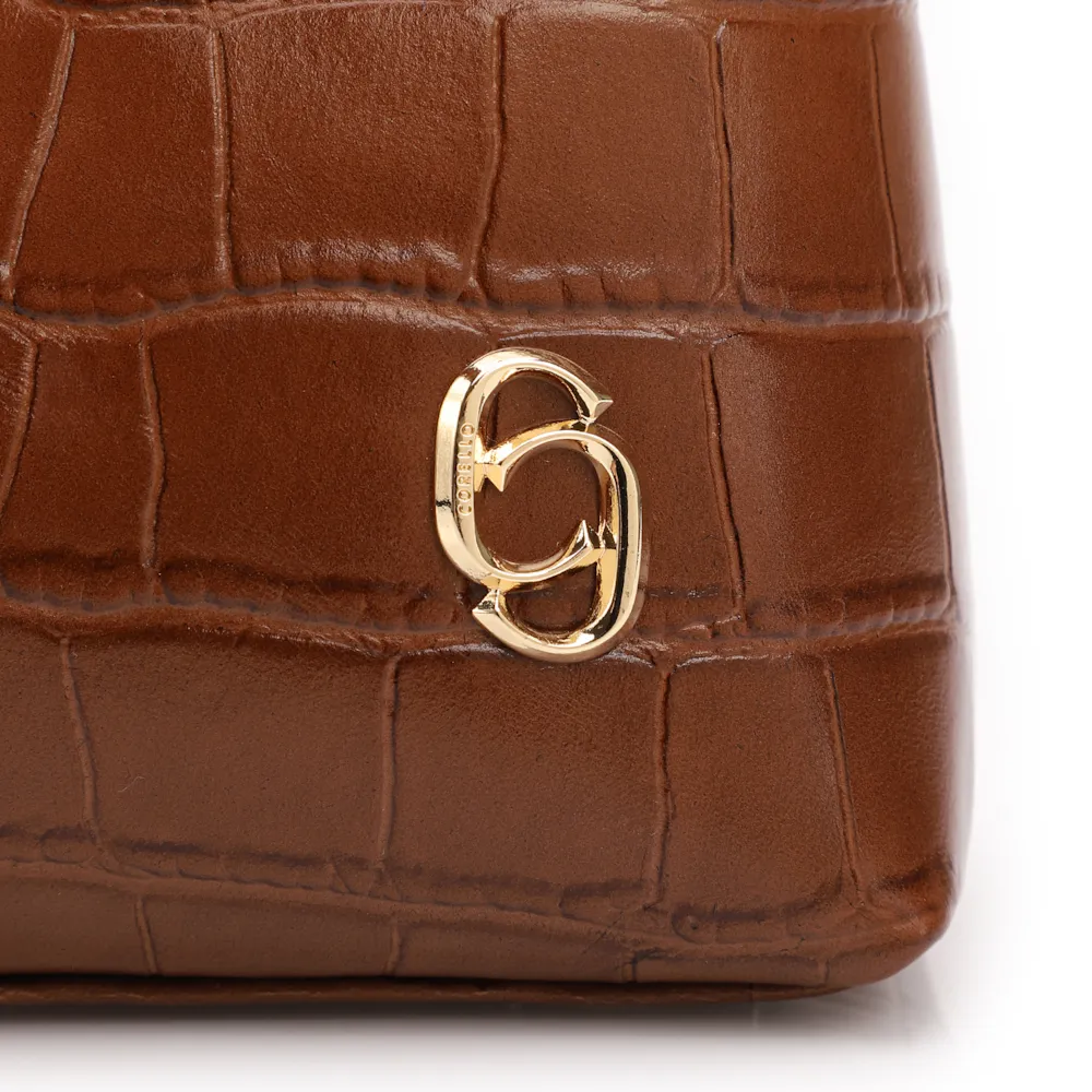 Bolsa De Ombro Pequena Couro Croco Marrom Claro Alça Fivela Lateral - imagem 6
