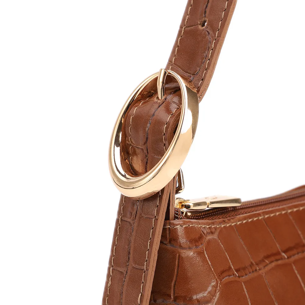 Bolsa De Ombro Pequena Couro Croco Marrom Claro Alça Fivela Lateral - imagem 7