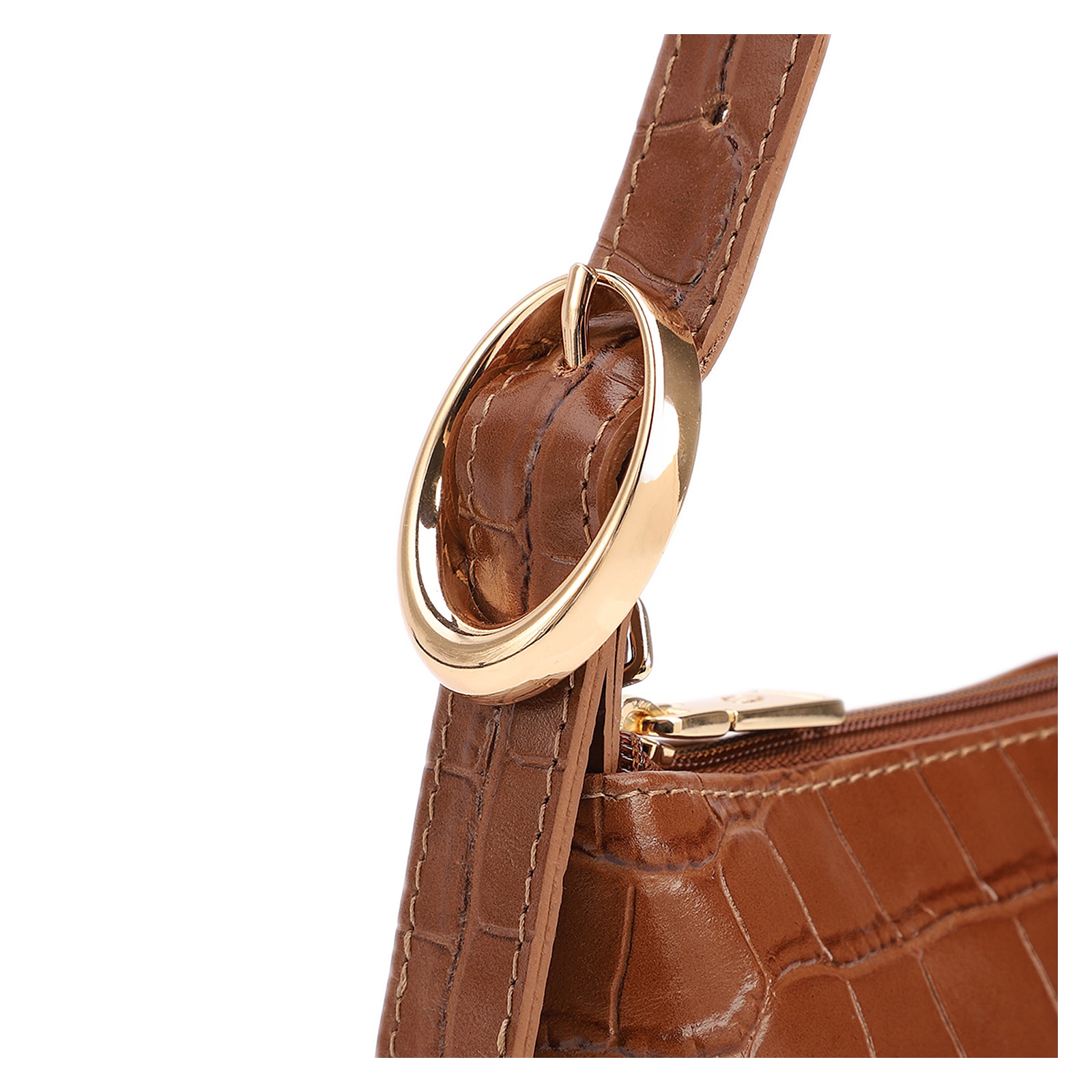 Bolsa De Ombro Pequena Couro Croco Marrom Claro Alça Fivela Lateral
