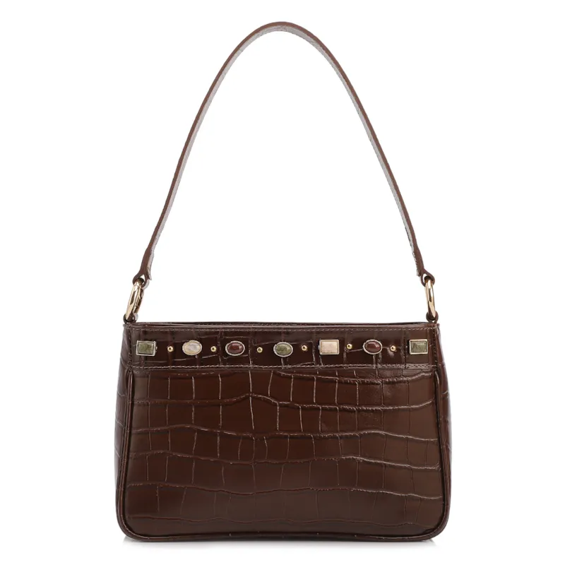 Bolsa De Ombro Pequena Couro Croco Marrom Pedras