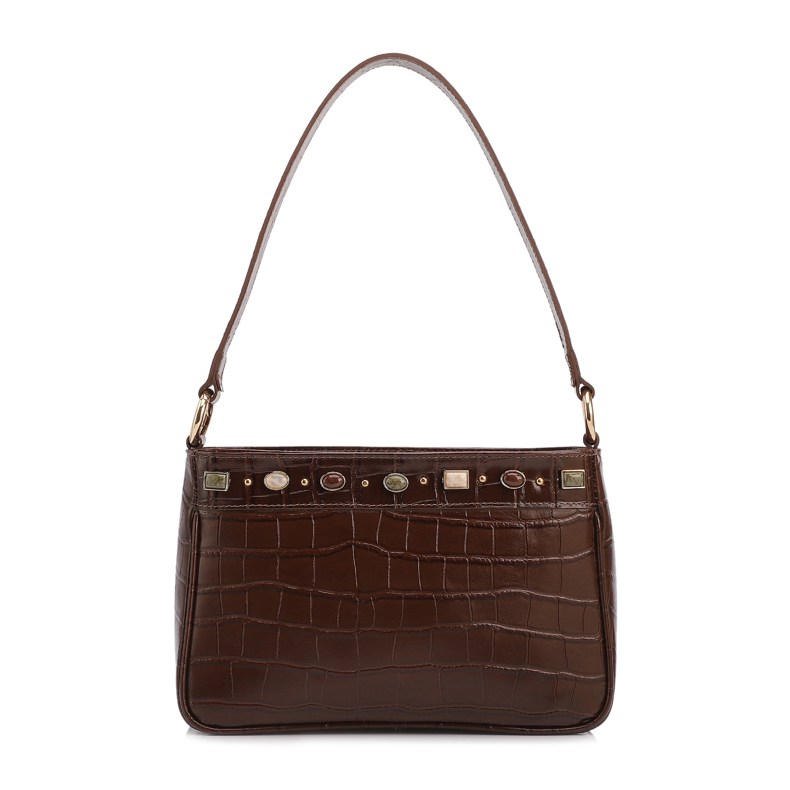 Bolsa De Ombro Pequena Couro Croco Marrom Pedras