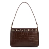 Bolsa De Ombro Pequena Couro Croco Marrom Pedras