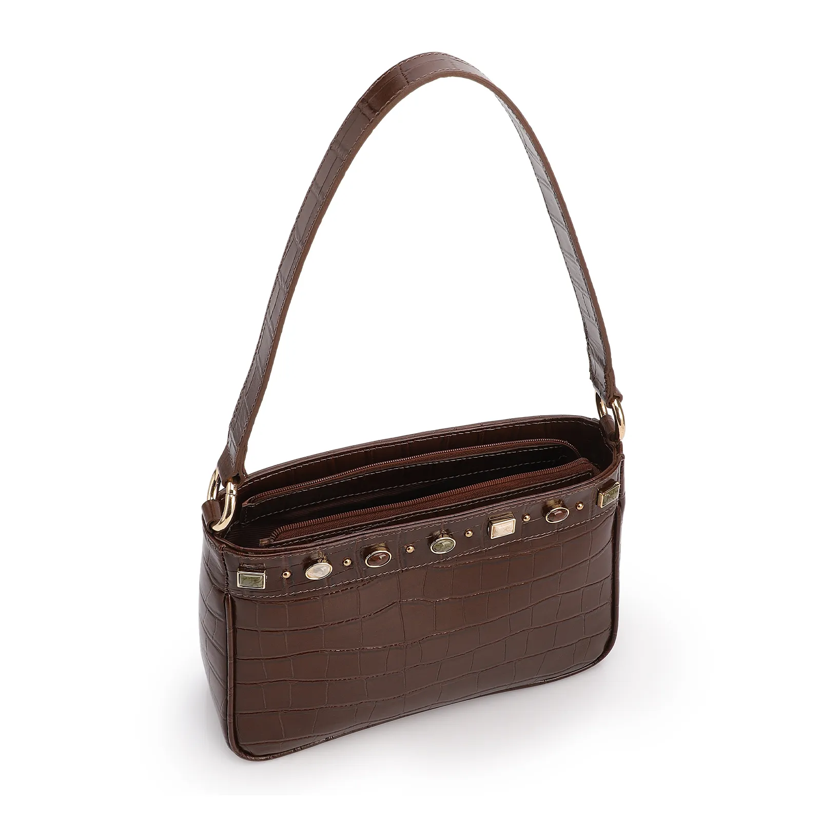 Bolsa De Ombro Pequena Couro Croco Marrom Pedras