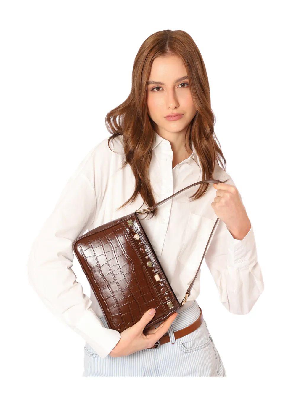 Bolsa De Ombro Pequena Couro Croco Marrom Pedras - imagem 2