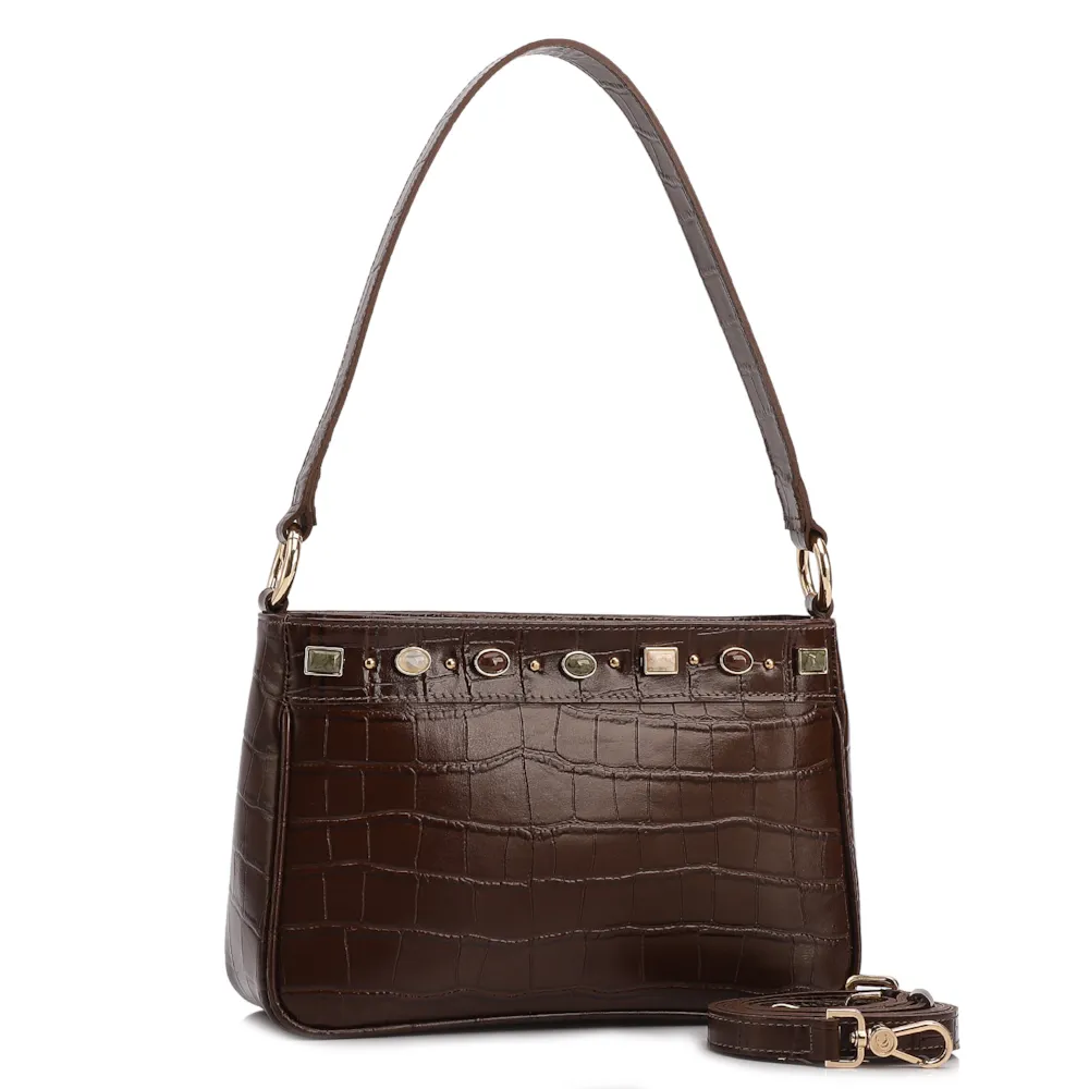 Bolsa De Ombro Pequena Couro Croco Marrom Pedras - imagem 2