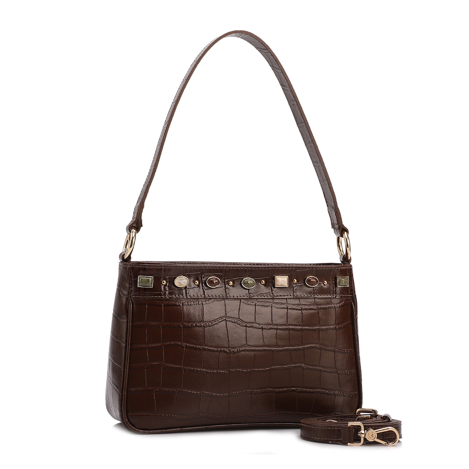 Bolsa De Ombro Pequena Couro Croco Marrom Pedras