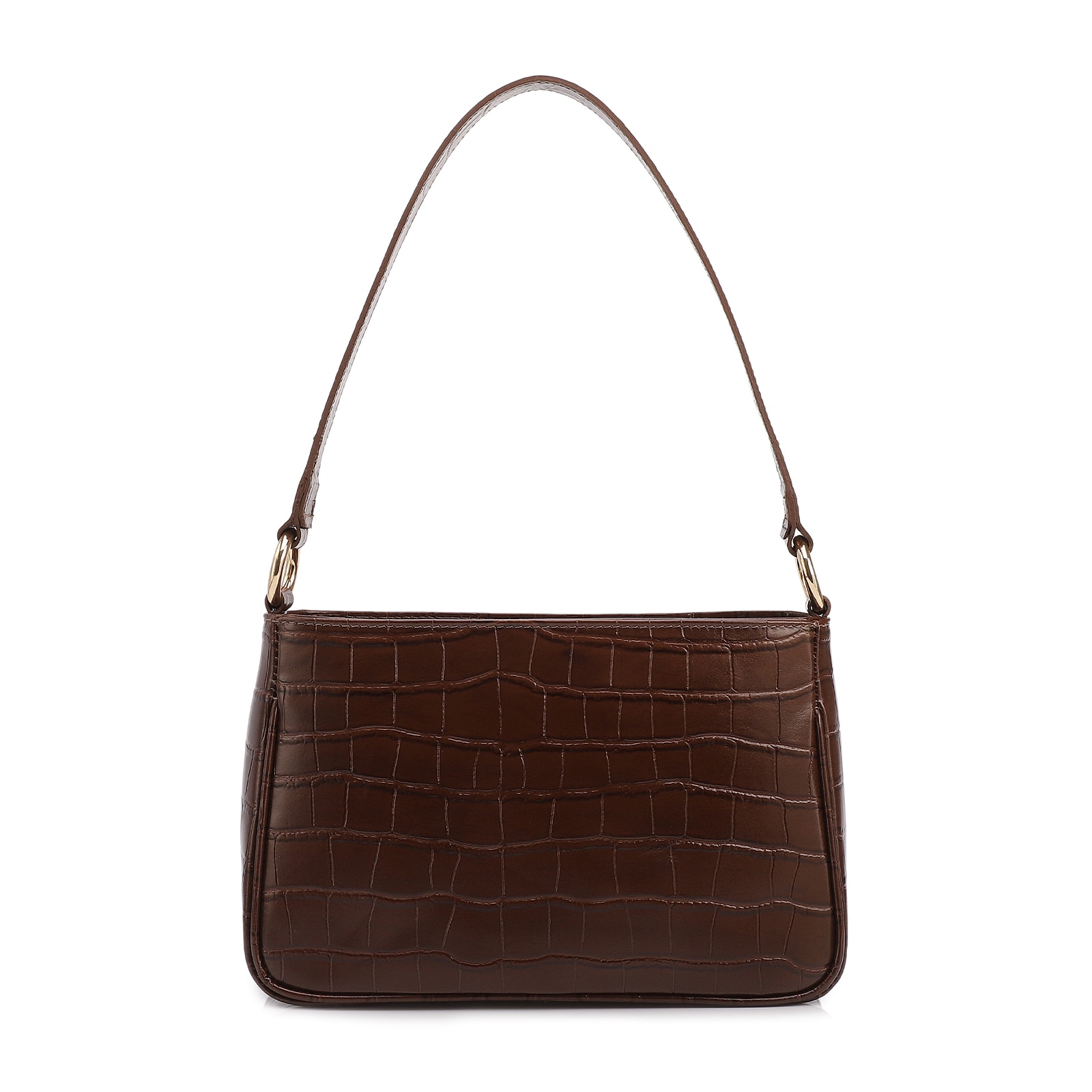 Bolsa De Ombro Pequena Couro Croco Marrom Pedras