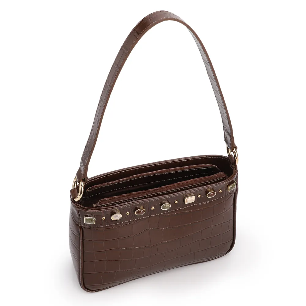 Bolsa De Ombro Pequena Couro Croco Marrom Pedras - imagem 4