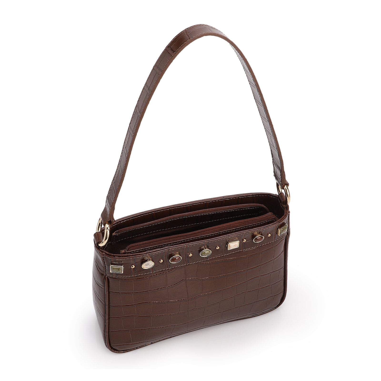 Bolsa De Ombro Pequena Couro Croco Marrom Pedras
