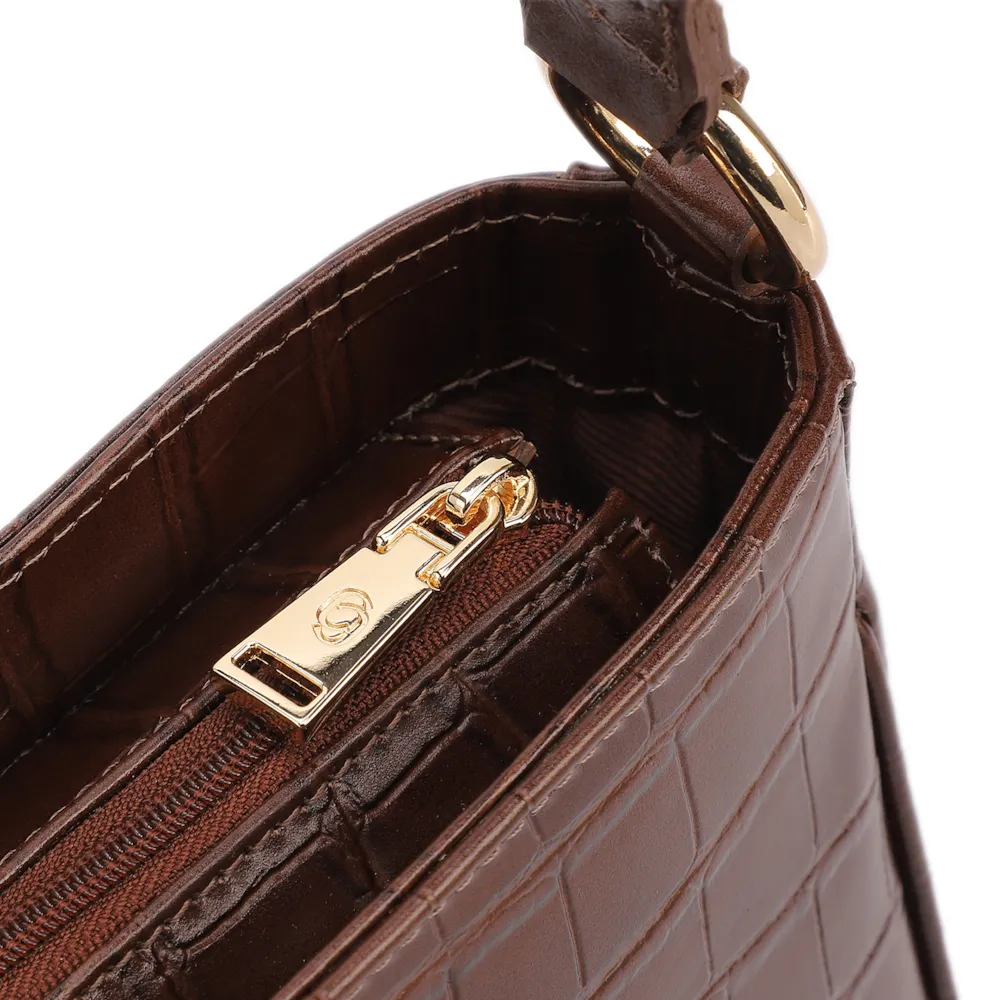 Bolsa De Ombro Pequena Couro Croco Marrom Pedras - imagem 5