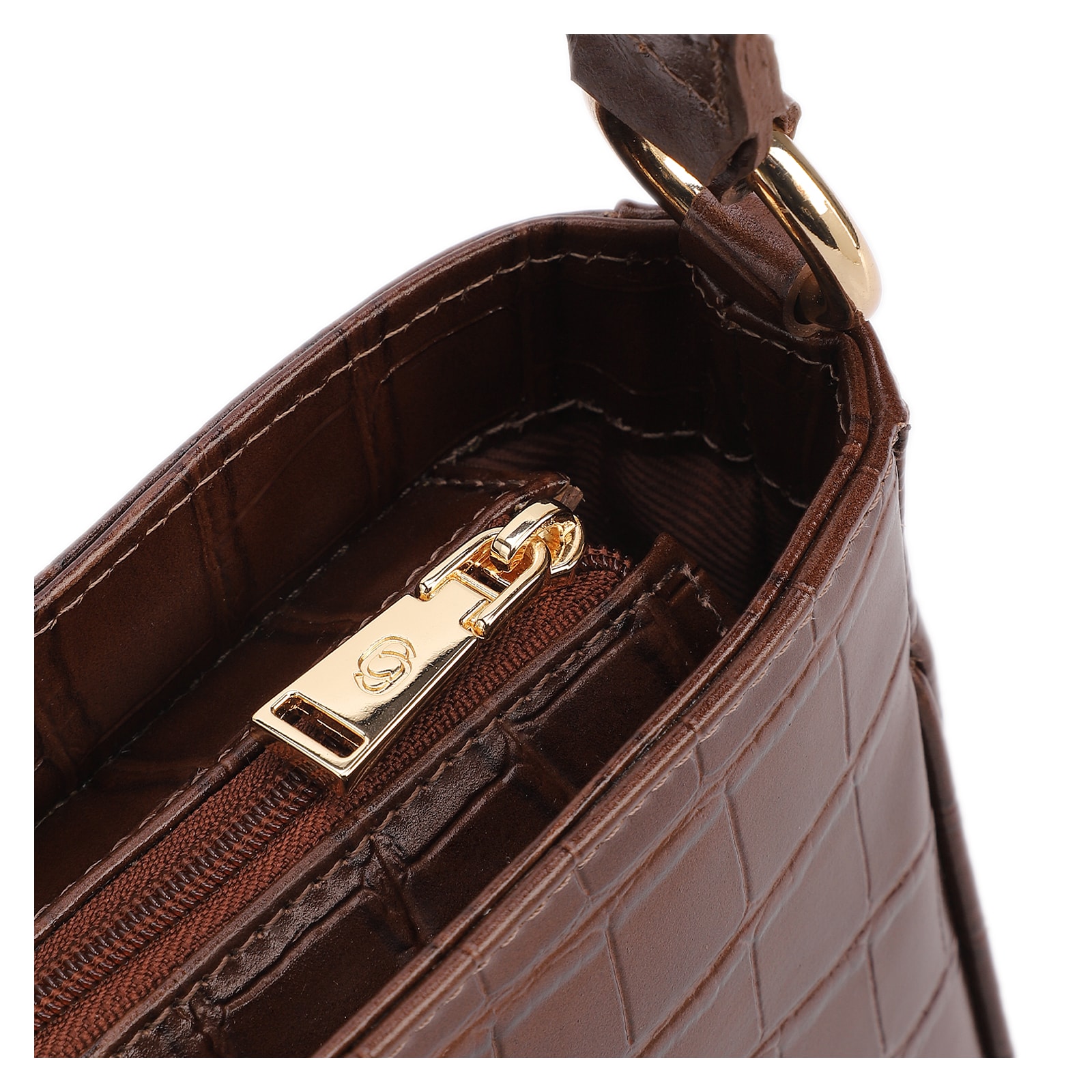 Bolsa De Ombro Pequena Couro Croco Marrom Pedras