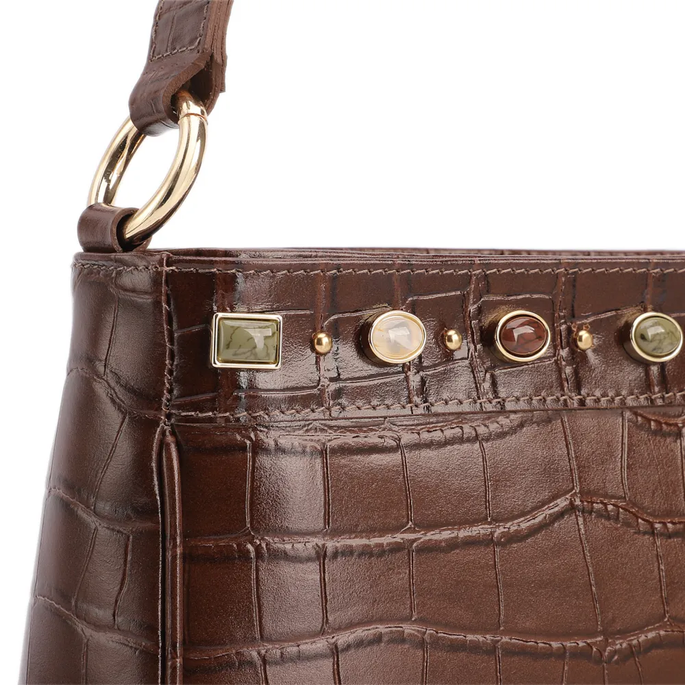 Bolsa De Ombro Pequena Couro Croco Marrom Pedras - imagem 6