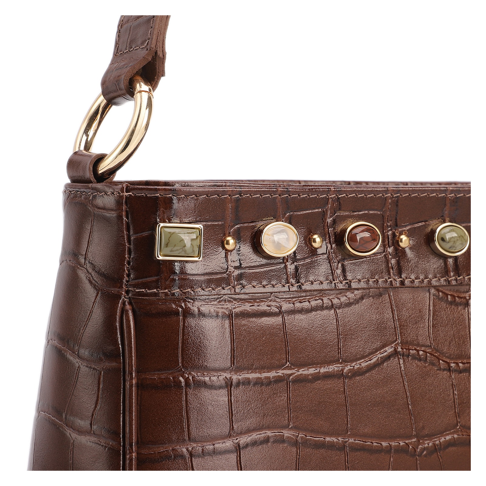 Bolsa De Ombro Pequena Couro Croco Marrom Pedras