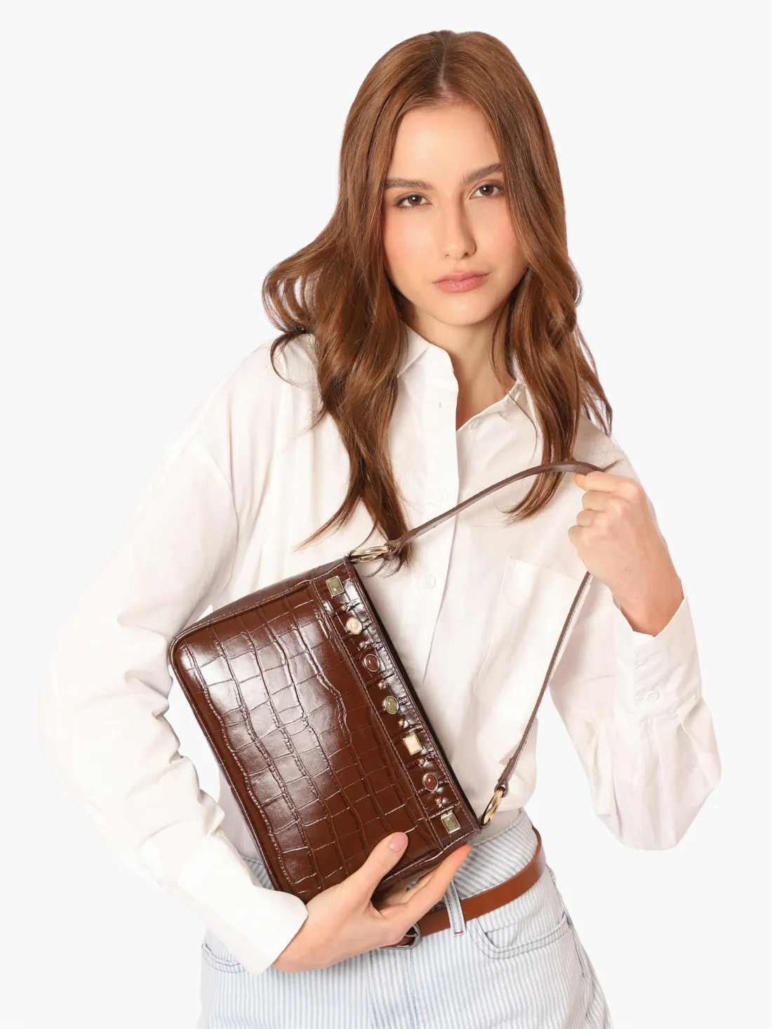 Bolsa De Ombro Pequena Couro Croco Marrom Pedras - foto 3