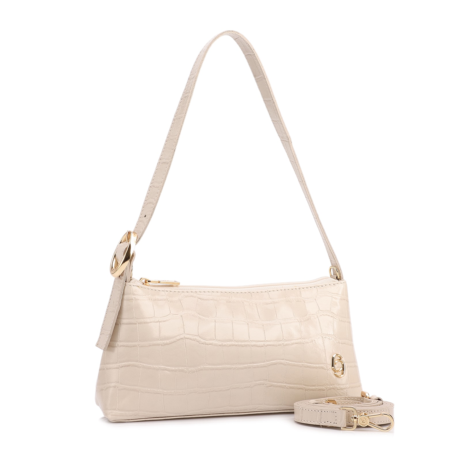 Bolsa De Ombro Pequena Couro Croco Off White Alça Fivela Lateral