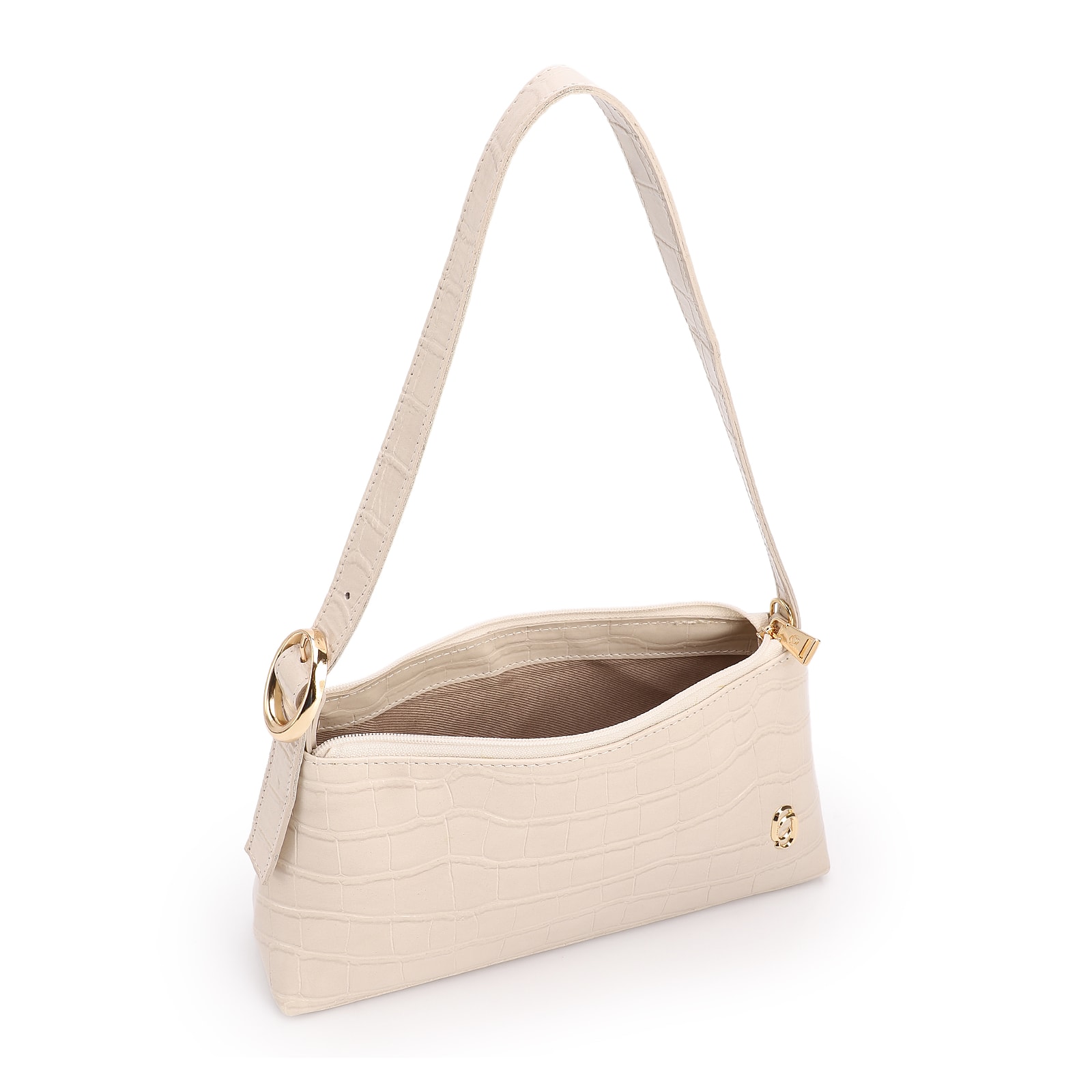 Bolsa De Ombro Pequena Couro Croco Off White Alça Fivela Lateral