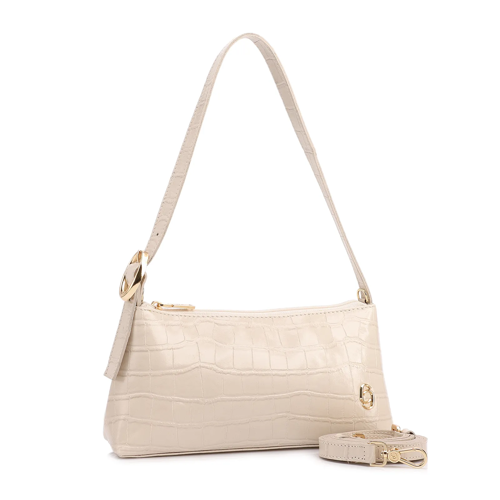Bolsa De Ombro Pequena Couro Croco Off White Alça Fivela Lateral