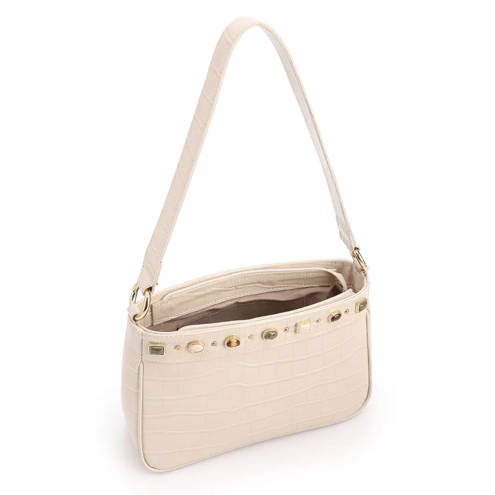 Bolsa De Ombro Pequena Couro Croco Off White Pedras - imagem 4