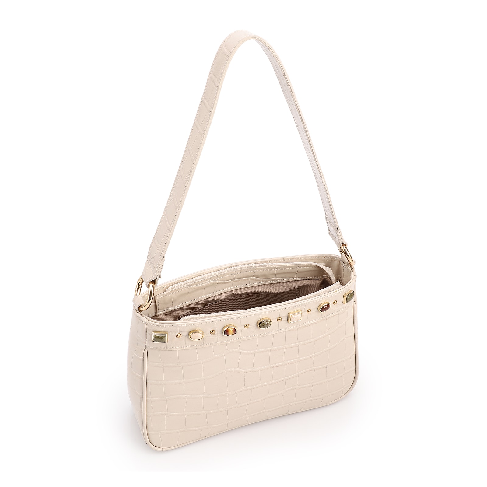 Bolsa De Ombro Pequena Couro Croco Off White Pedras