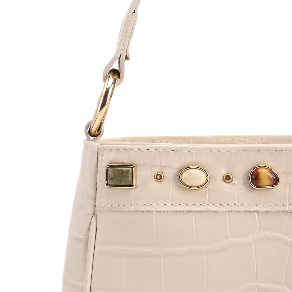 Bolsa De Ombro Pequena Couro Croco Off White Pedras - imagem 6