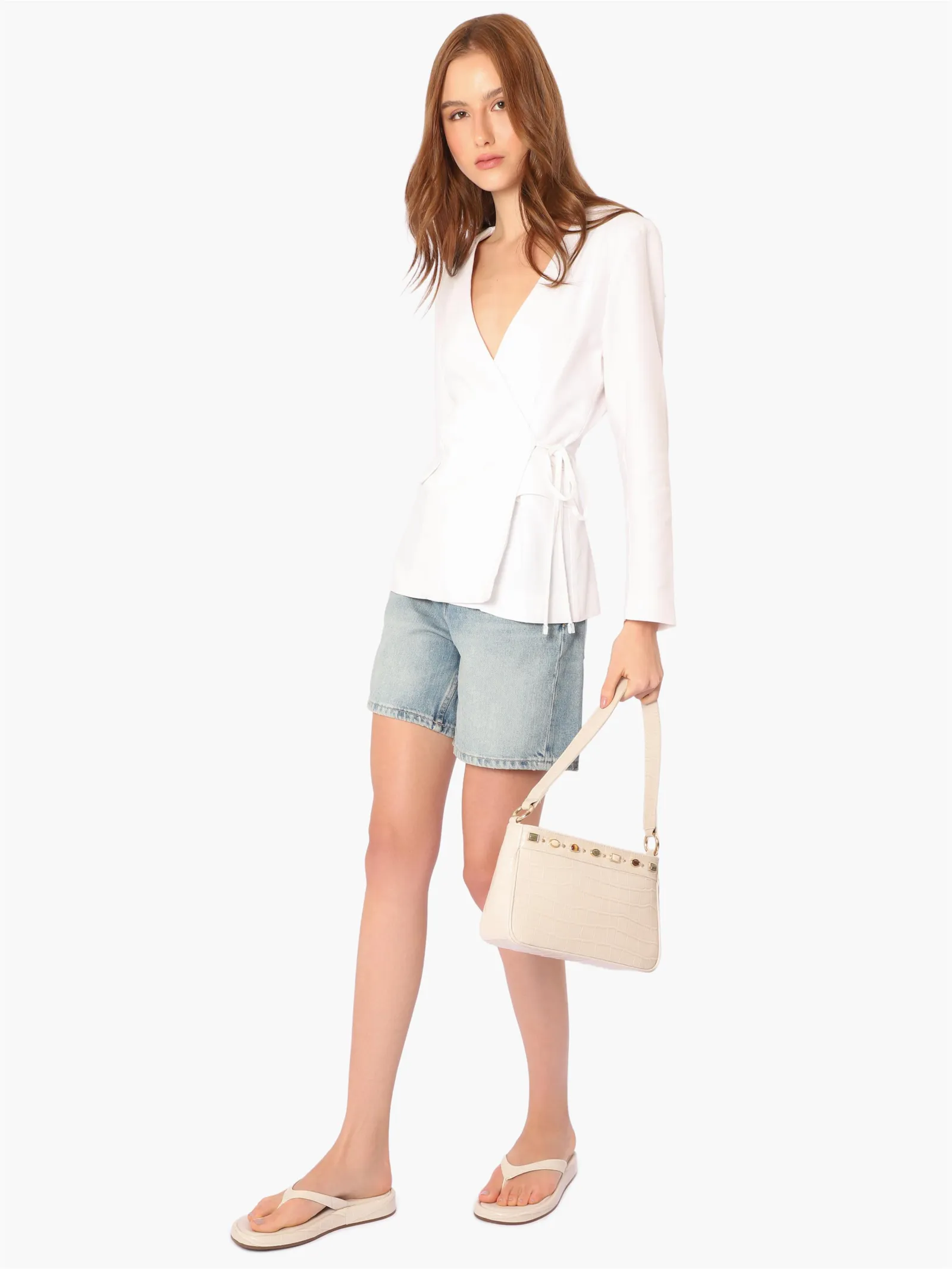 Bolsa De Ombro Pequena Couro Croco Off White Pedras