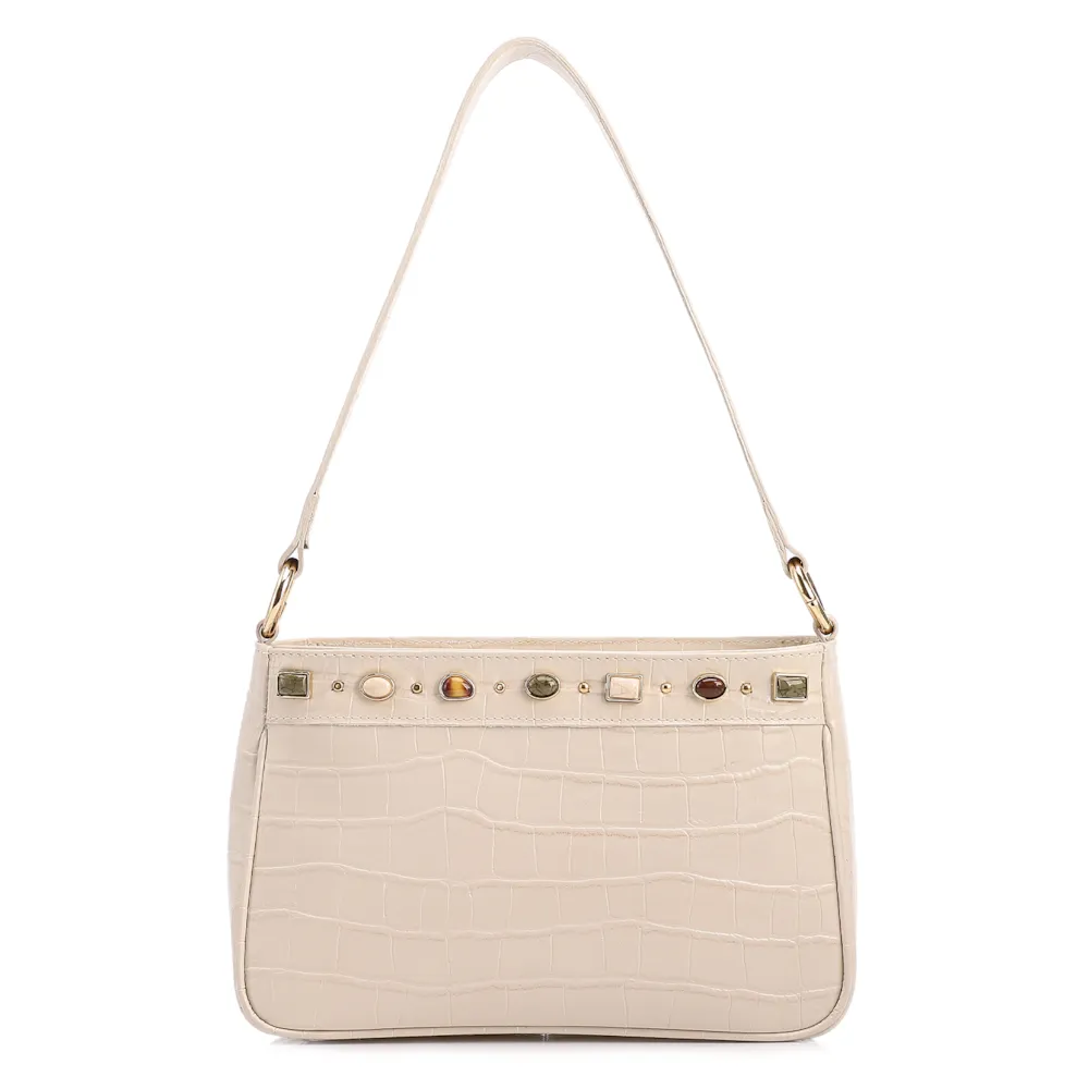 Bolsa De Ombro Pequena Couro Croco Off White Pedras