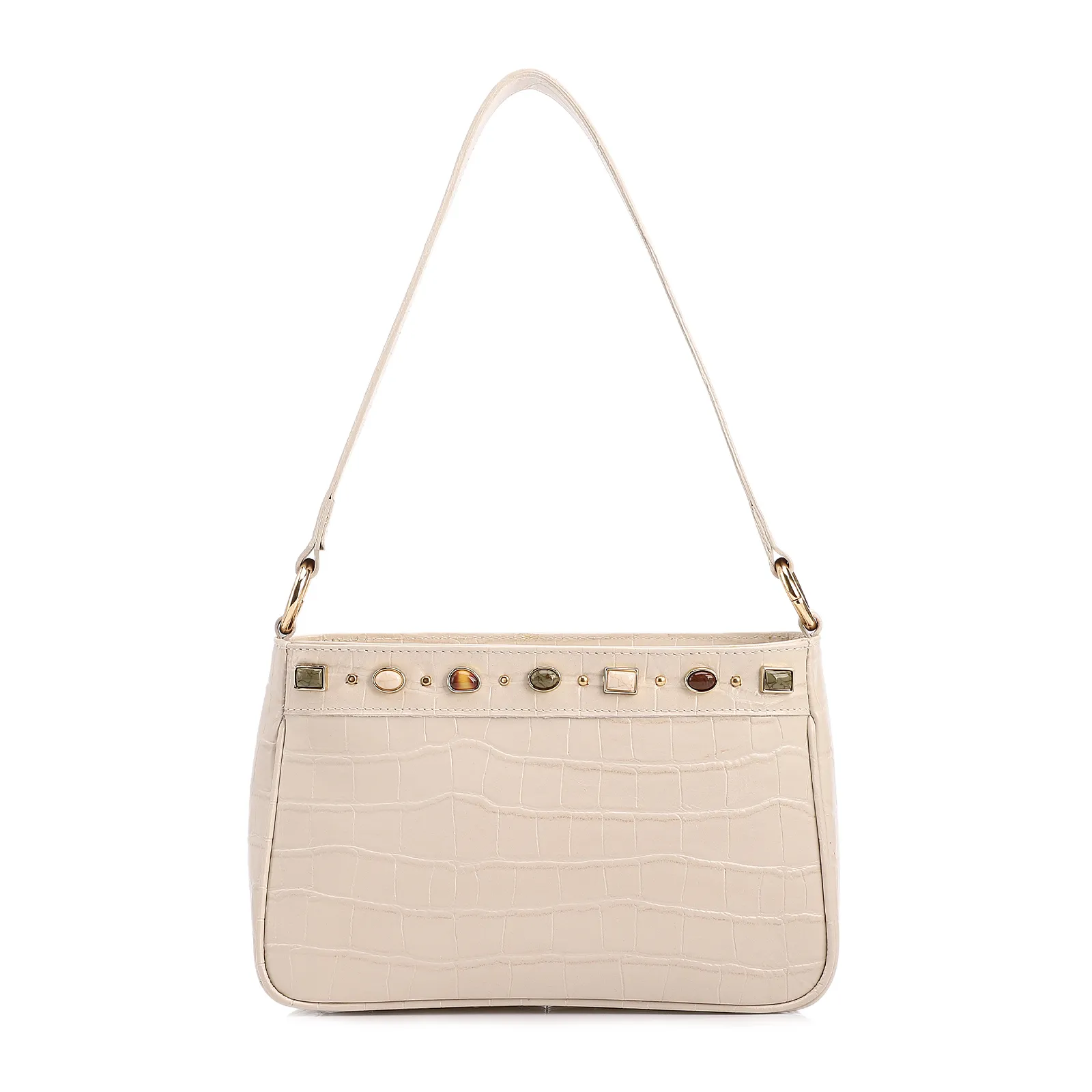 Bolsa De Ombro Pequena Couro Croco Off White Pedras