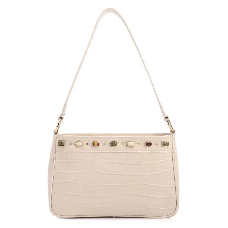 Bolsa De Ombro Pequena Couro Croco Off White Pedras