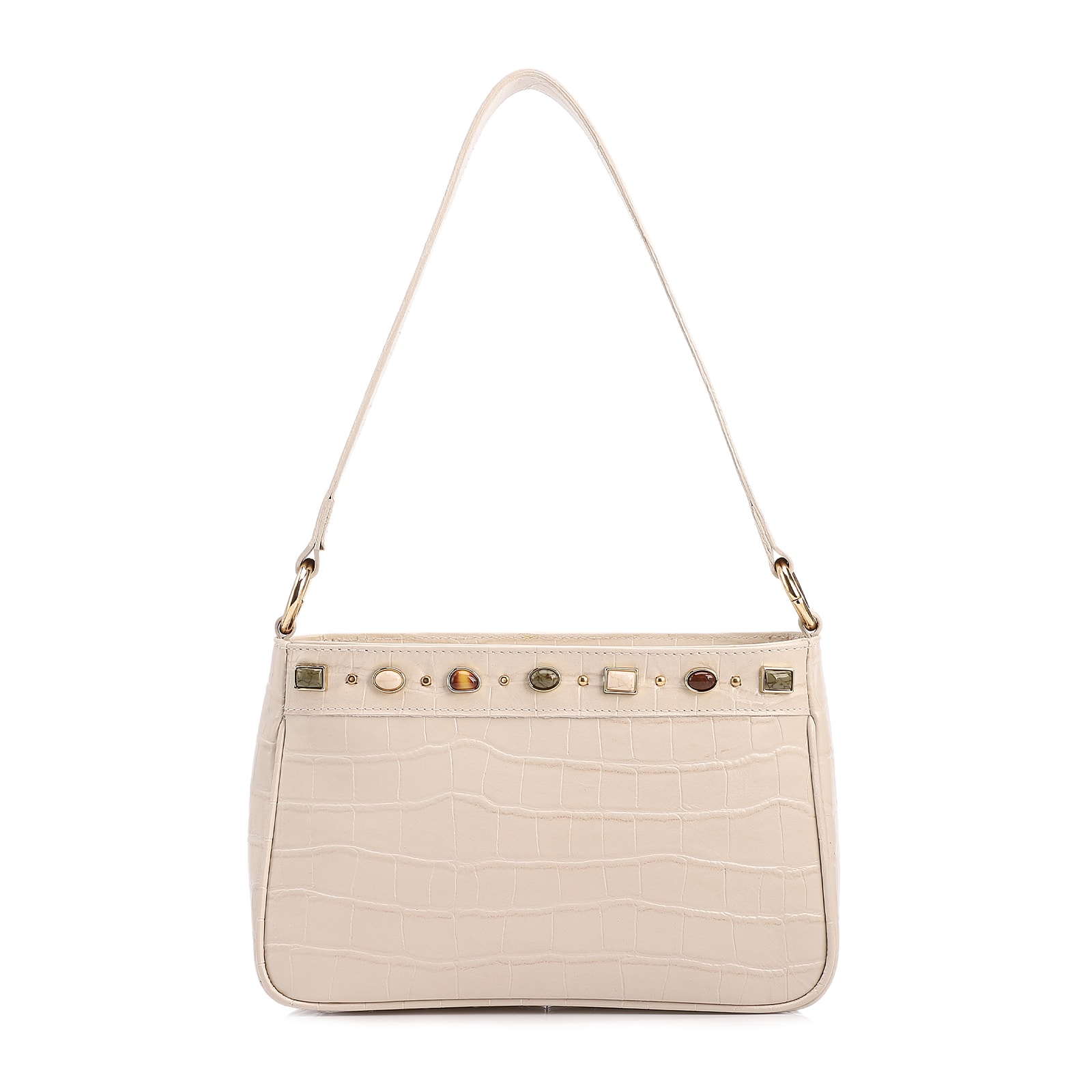 Bolsa De Ombro Pequena Couro Croco Off White Pedras