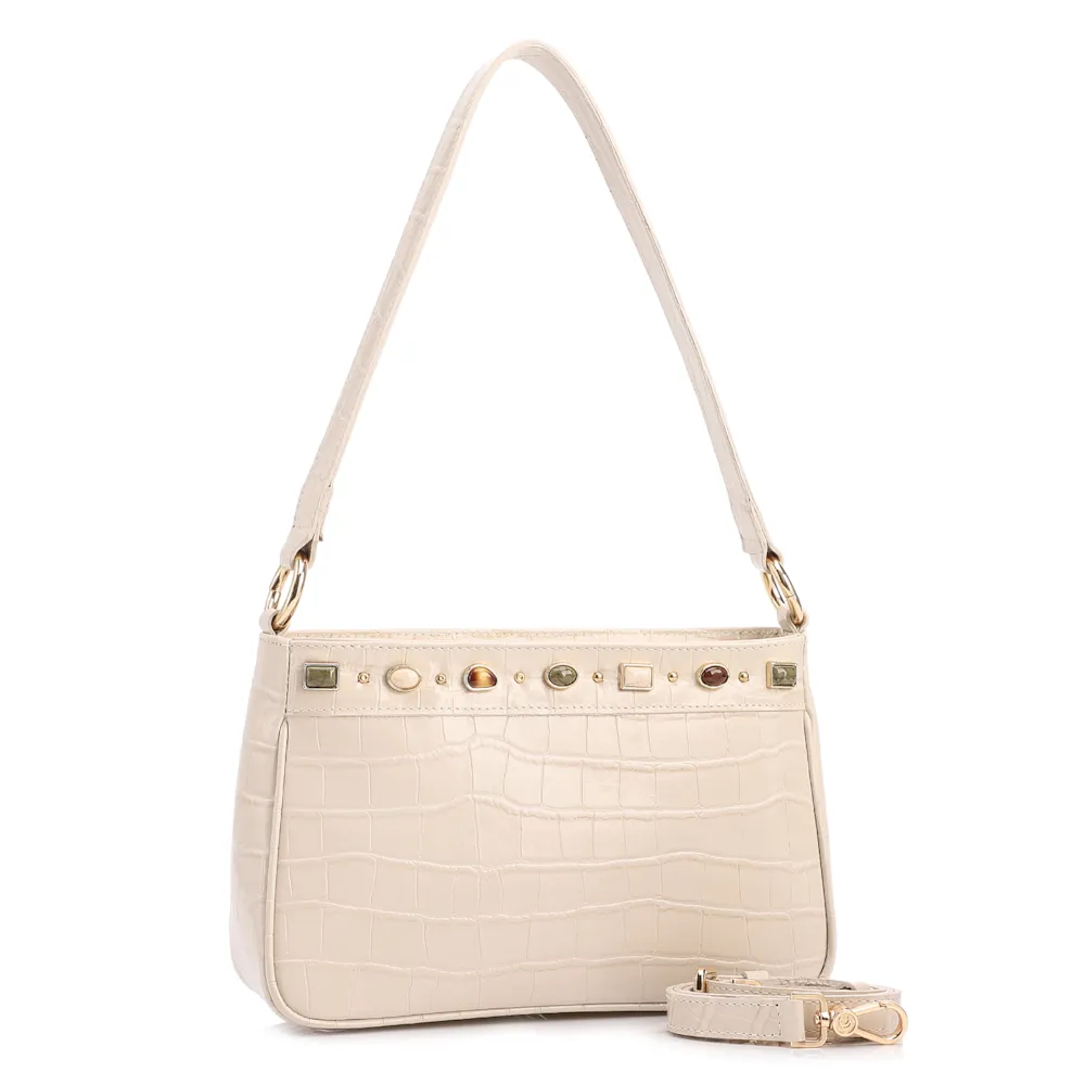 Bolsa De Ombro Pequena Couro Croco Off White Pedras - imagem 2
