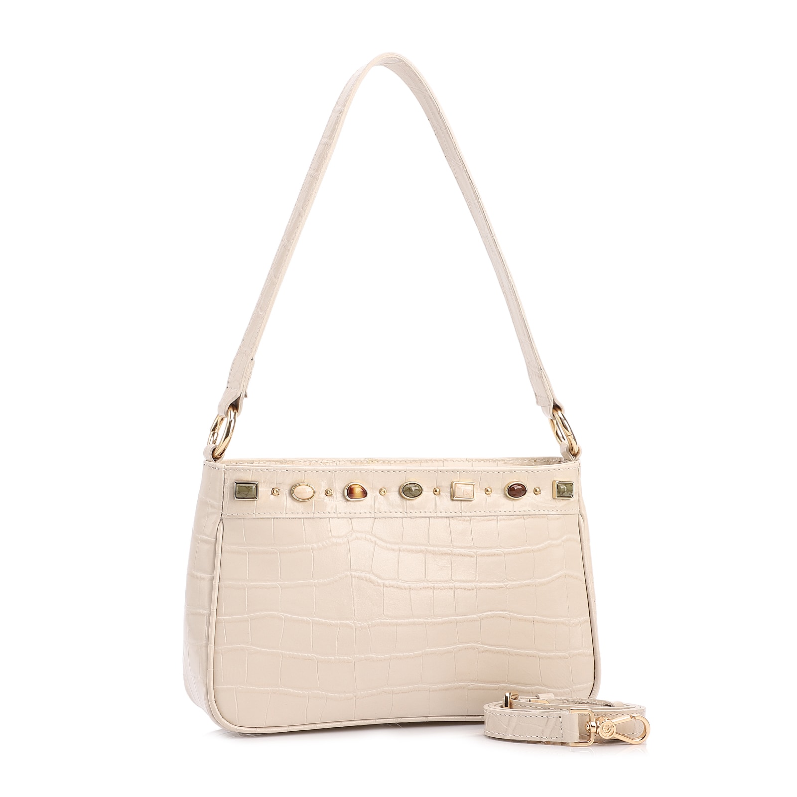 Bolsa De Ombro Pequena Couro Croco Off White Pedras