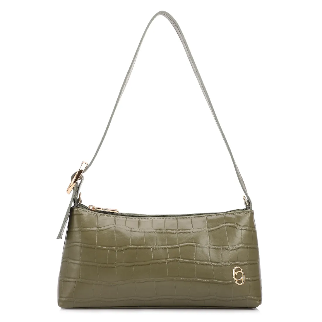 Bolsa De Ombro Pequena Couro Croco Verde Alça Fivela Lateral