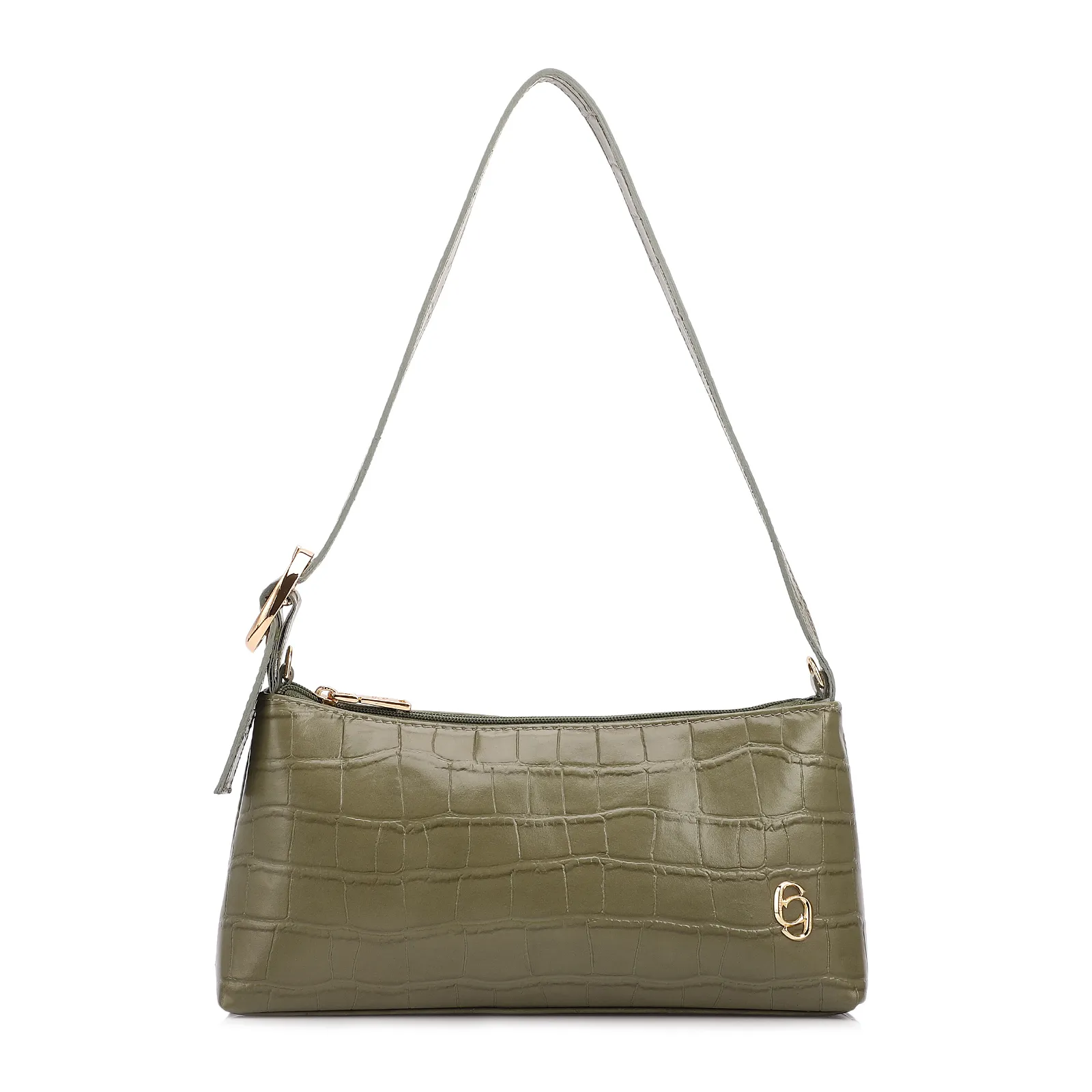 Bolsa De Ombro Pequena Couro Croco Verde Alça Fivela Lateral