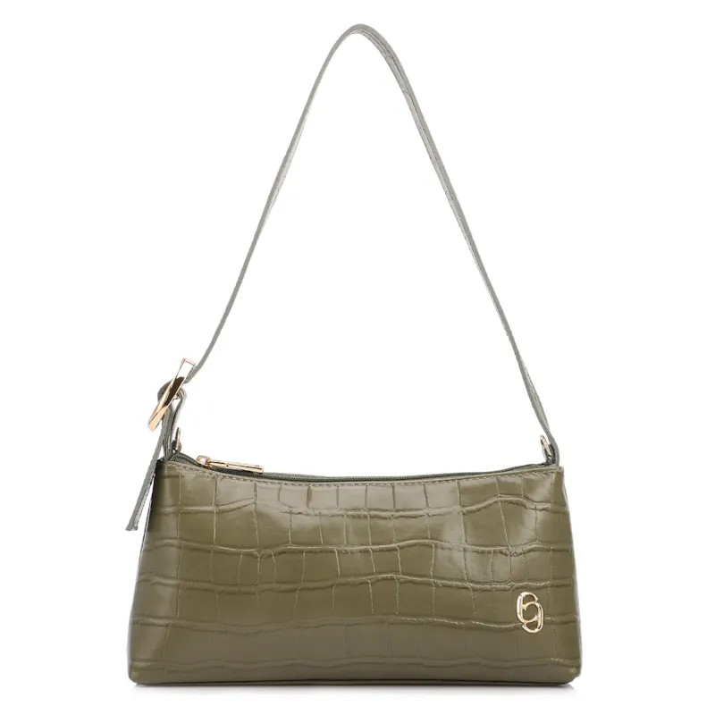 Bolsa De Ombro Pequena Couro Croco Verde Alça Fivela Lateral
