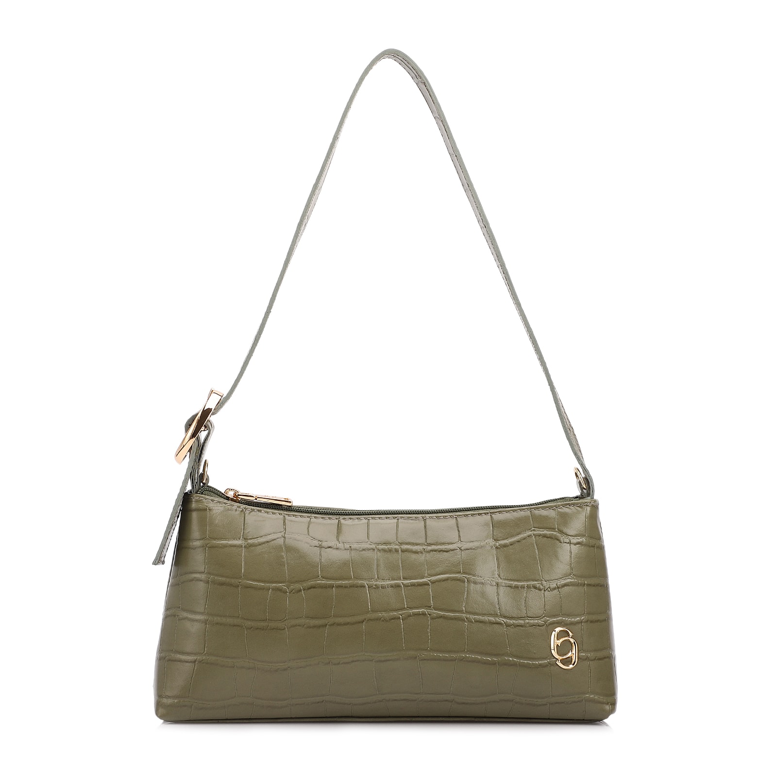Bolsa De Ombro Pequena Couro Croco Verde Alça Fivela Lateral