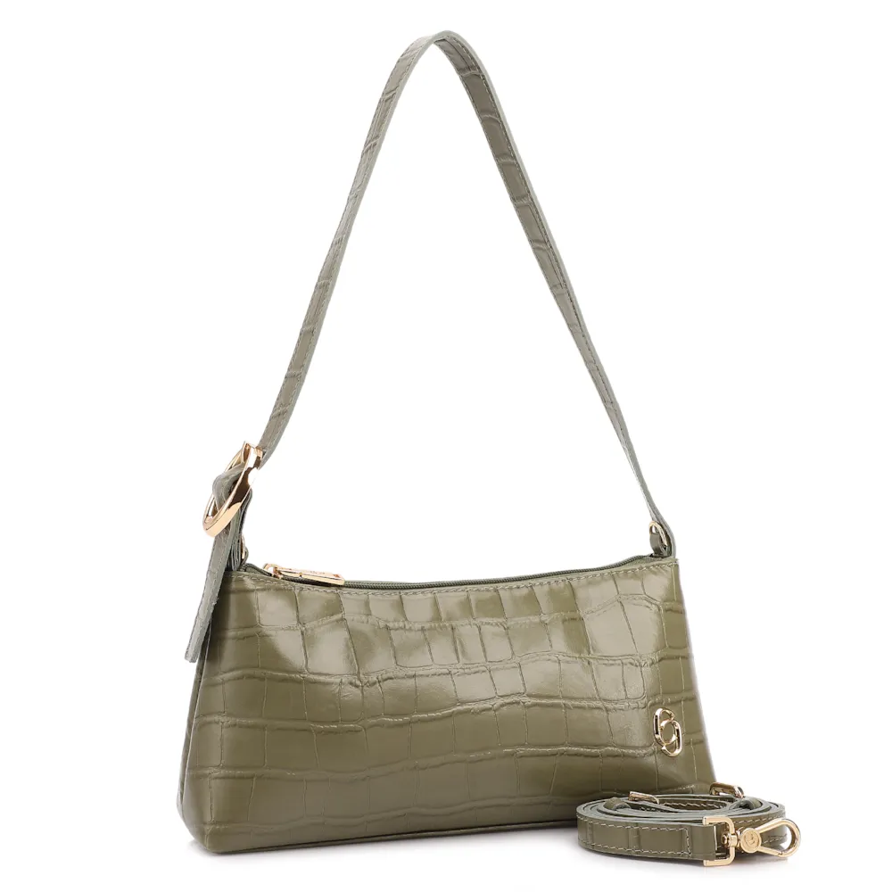 Bolsa De Ombro Pequena Couro Croco Verde Alça Fivela Lateral - imagem 2