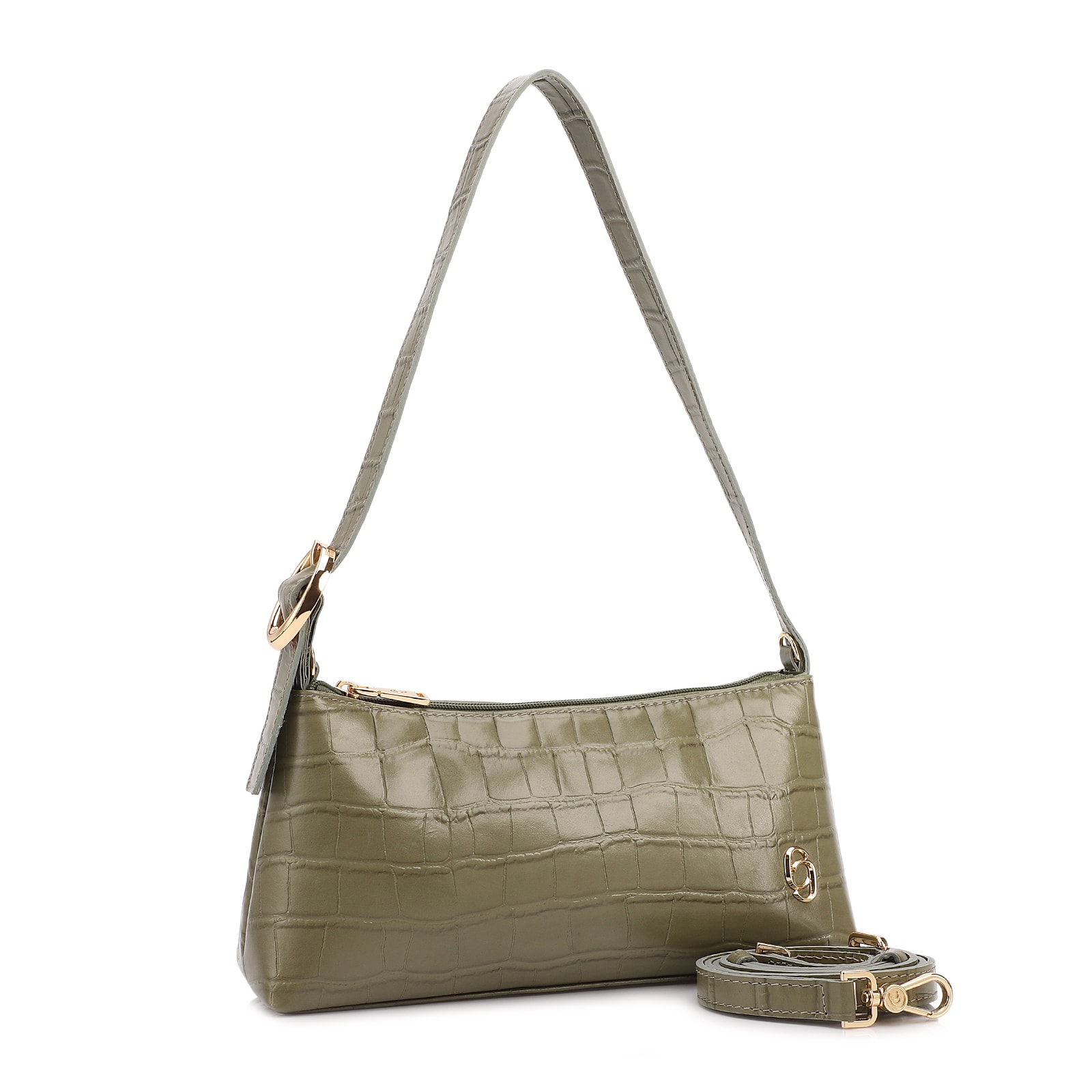Bolsa De Ombro Pequena Couro Croco Verde Alça Fivela Lateral