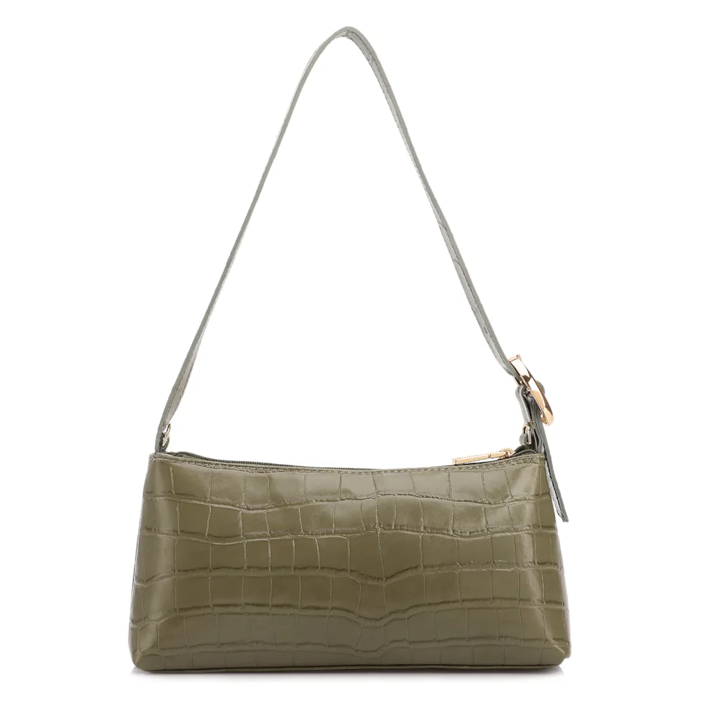 Bolsa De Ombro Pequena Couro Croco Verde Alça Fivela Lateral - imagem 3