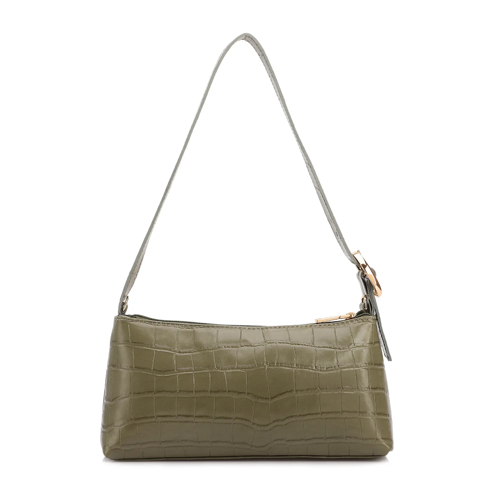 Bolsa De Ombro Pequena Couro Croco Verde Alça Fivela Lateral