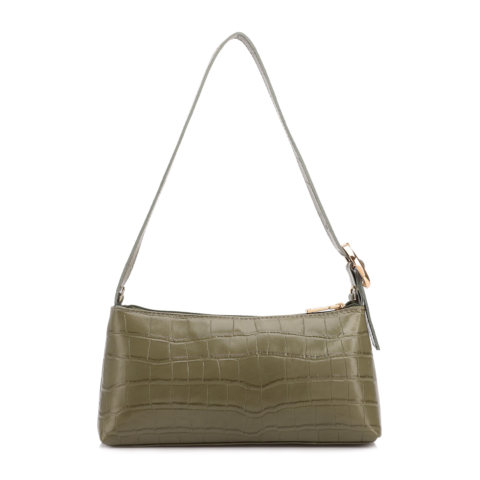 Bolsa De Ombro Pequena Couro Croco Verde Alça Fivela Lateral