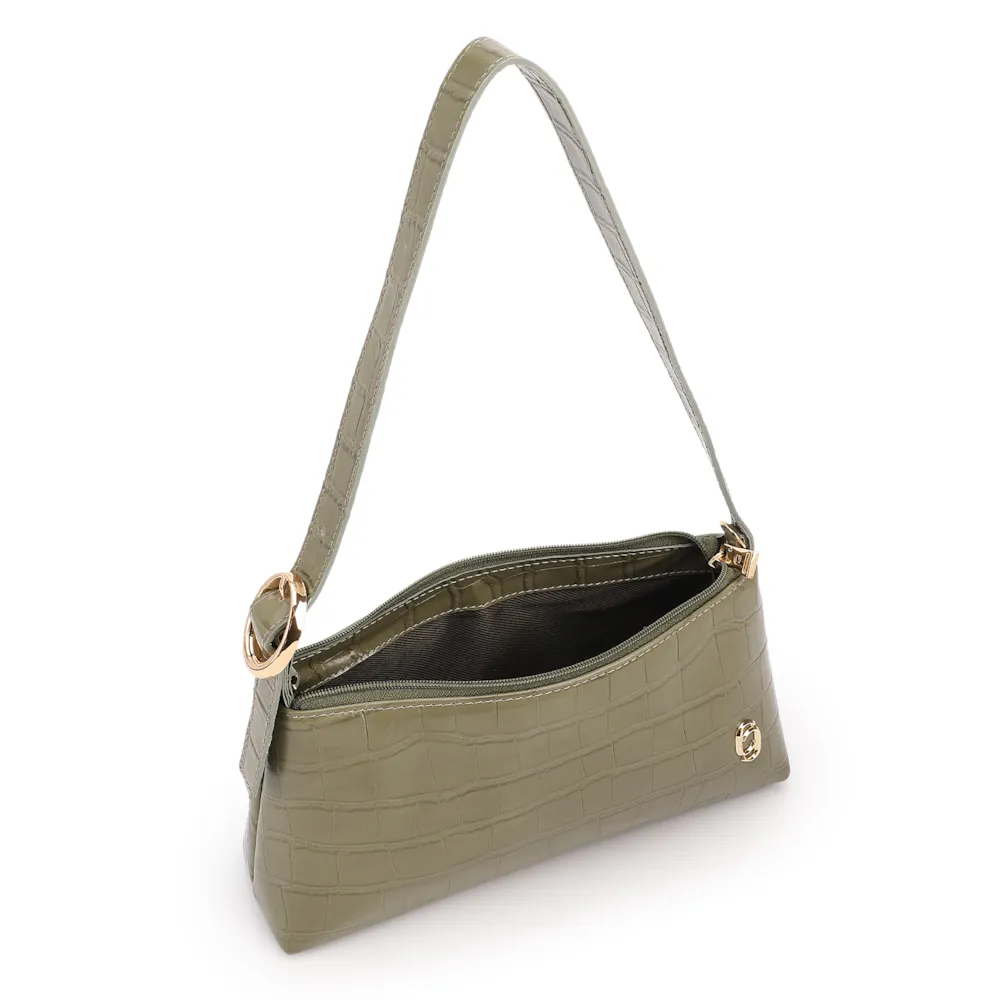 Bolsa De Ombro Pequena Couro Croco Verde Alça Fivela Lateral - imagem 4