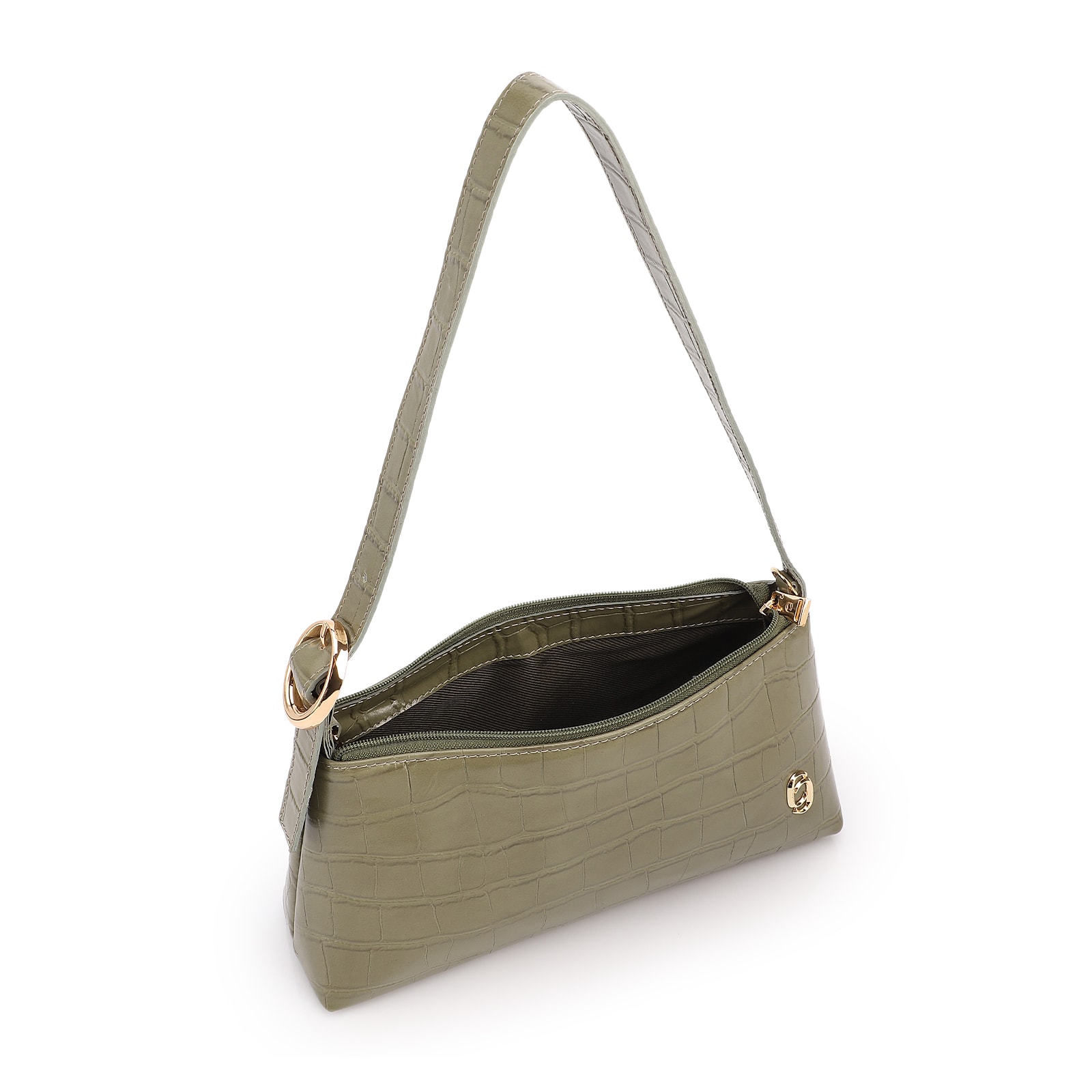 Bolsa De Ombro Pequena Couro Croco Verde Alça Fivela Lateral