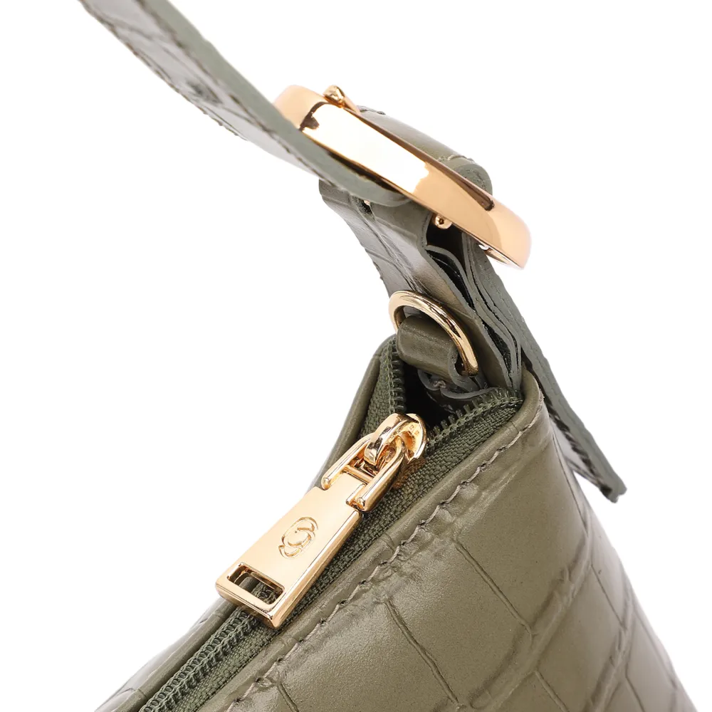 Bolsa De Ombro Pequena Couro Croco Verde Alça Fivela Lateral - imagem 5