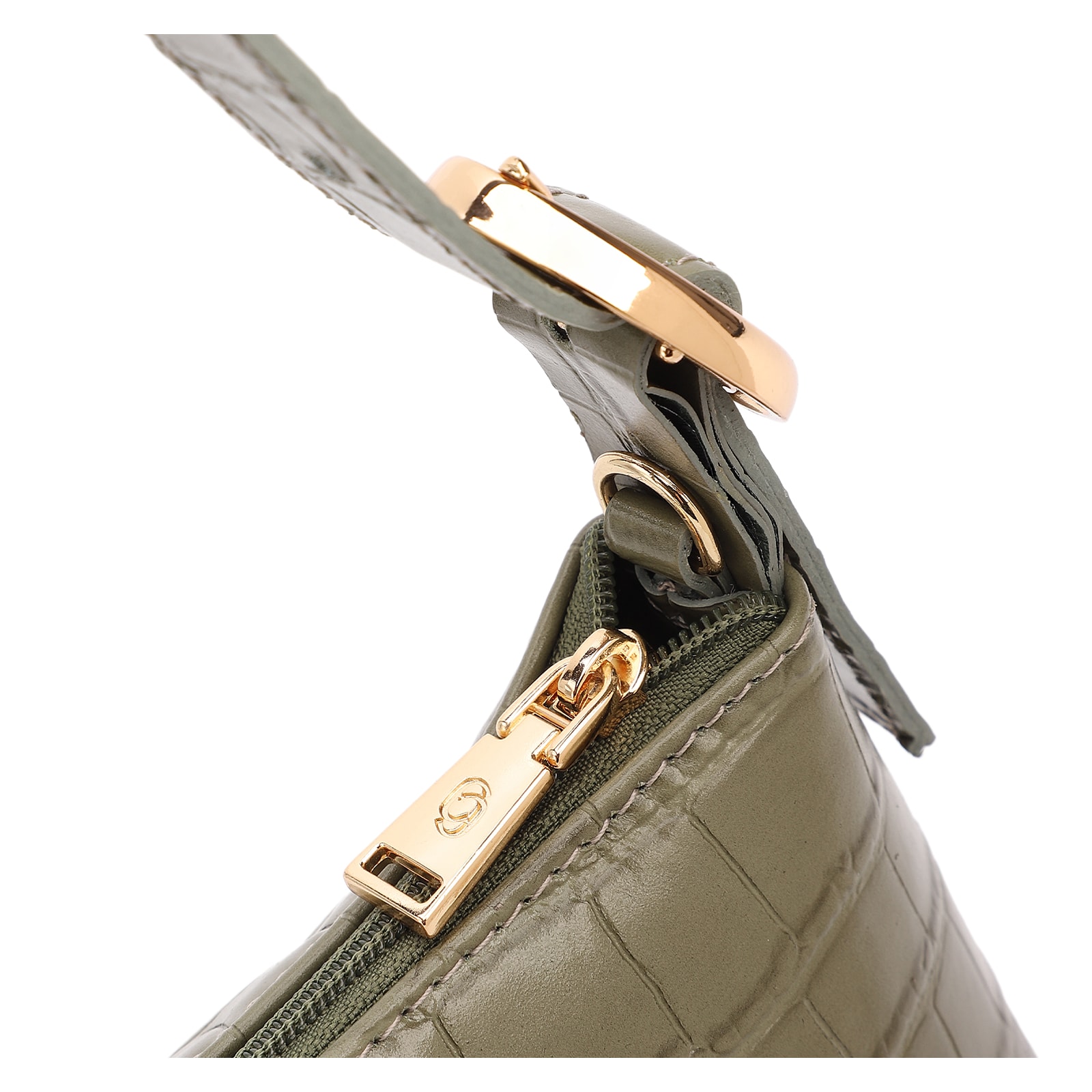 Bolsa De Ombro Pequena Couro Croco Verde Alça Fivela Lateral