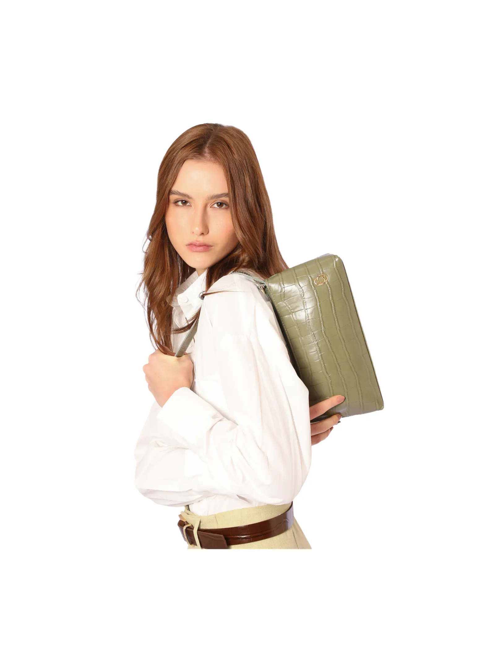 Bolsa De Ombro Pequena Couro Croco Verde Alça Fivela Lateral