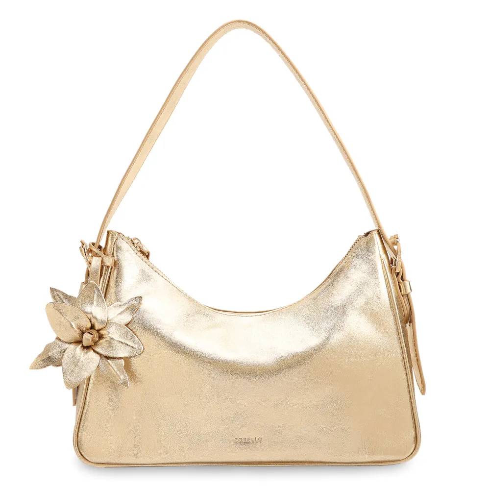  Bolsa De Ombro Pequena Couro Dourado Metalizado Pingente Flor