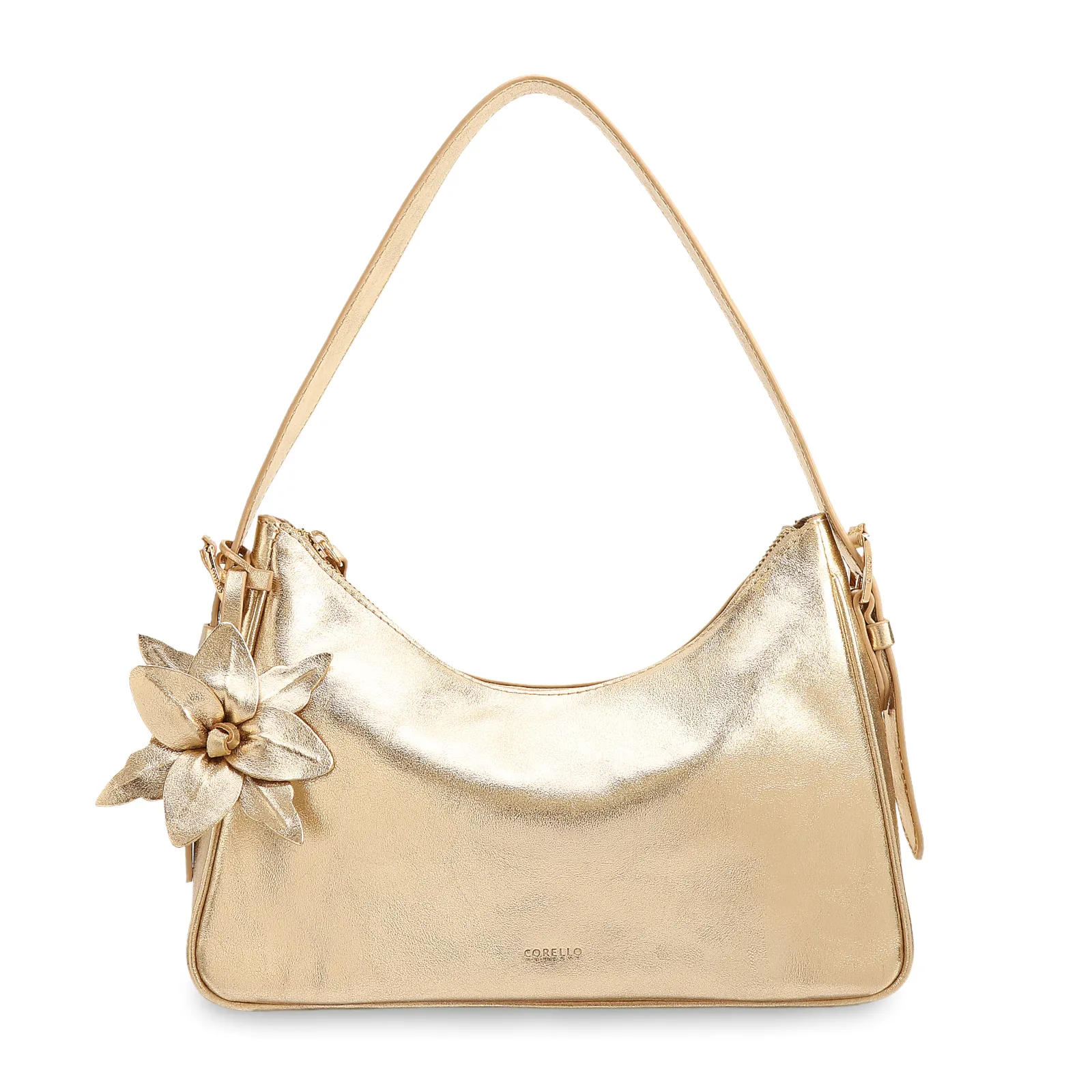 Bolsa De Ombro Pequena Couro Dourado Metalizado Pingente Flor