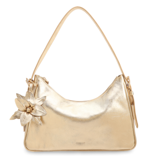 Pequena Couro Dourado Metalizado pingente flor